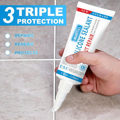 8Oz White Waterproof Caulk & Seal Silicone Sealant, Wadities Tile Grout Repair Kit with Grout Remove Scraper, Shrink & Crack Proof for Bathroom, S...