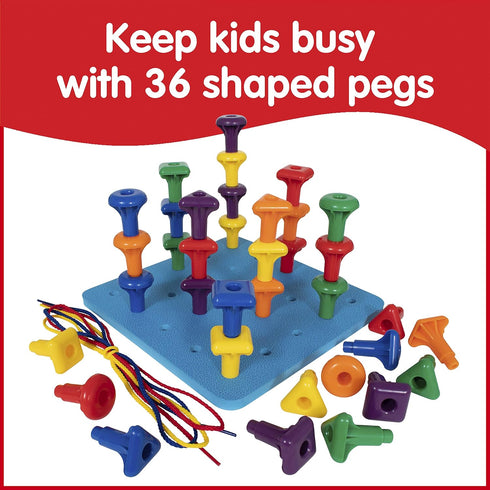 edxeducation Geo Pegs and Peg Board Set - 36 Pegs in 3 Shapes and 6 Colors + 3 Laces - Ages 18m+ - Homeschool Supplies for Preschool Activities...