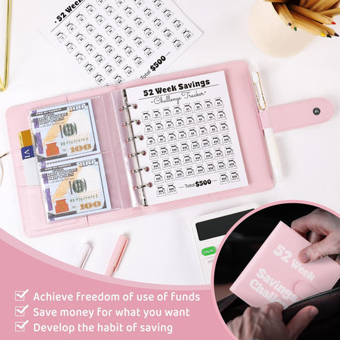 52 Week Money Saving Challenge Binder, A7 Savings Challenges Books with Cash Envelopes, Pink Budget Binder for Planning and Saving $500...