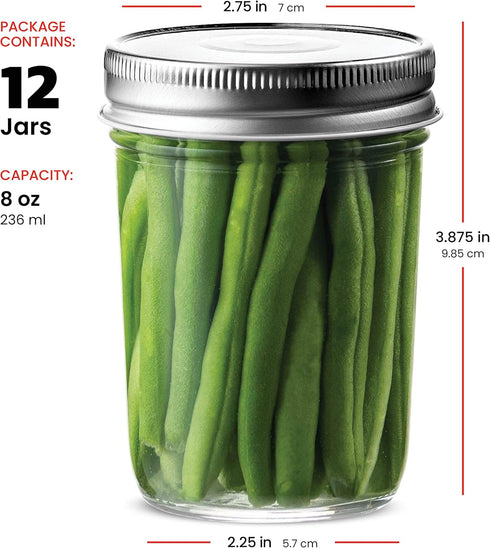Glass Regular Mouth Mason Jars, (12 Pack) Glass Jars with Silver Metal Airtight 1 Piece Lids for Meal Prep, Food Storage, Canning, Drinking, Overn...