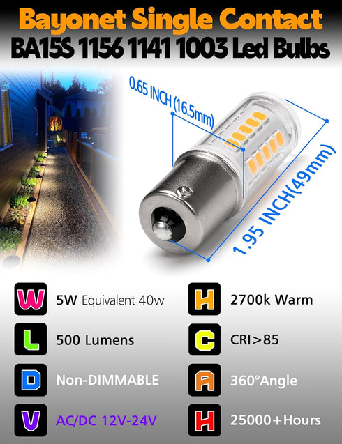 BA15S 1156 1141 1003 S8 SC Led Bulbs, 5Watt Low Voltage Bayonet Single Contact, 12-24V 500LM Warm White 2700K For RV, Landscape Interior Lights, C...