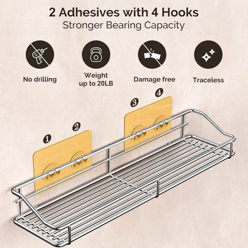 Orimade Bathroom Shelf Organizer Shower Caddy Storage Kitchen Rack with Traceless Transparent Adhesive No Drilling SUS304 Stainless Steel, 15.75 i...