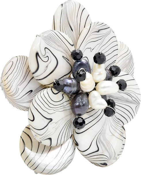 AeraVida Wild & Stylish Black & White Pearls with Painted Stripes on Mother of Pearl Seashell Floral Brooch Pin for Retro Zebra or Animal Print In...