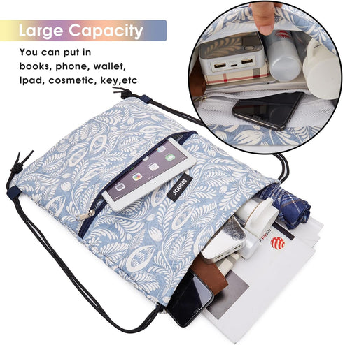 WANDF Drawstring Backpack String Bag Sackpack Cinch Water Resistant Nylon for Gym Shopping Sport Yoga (Light Blue Leaf with zipper)...