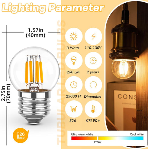 Dimmable Low Watt LED Bulbs 3 Watt, 25 Watt Small Light Bulbs,E26 Screw Base G40 Globe Edison Light Bulbs,Warm White 2700K for Bedroom?Bathroom Li...