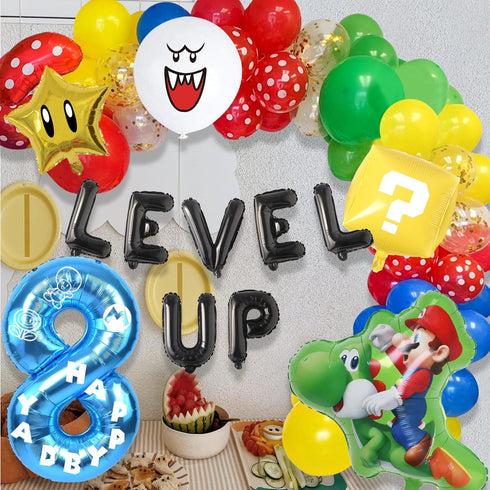Video Game 8th Birthday Party Supplies, Level Up Letter Balloons, Boo Balloon, Balloons Arch for Kids 8th Birthday Decorations...