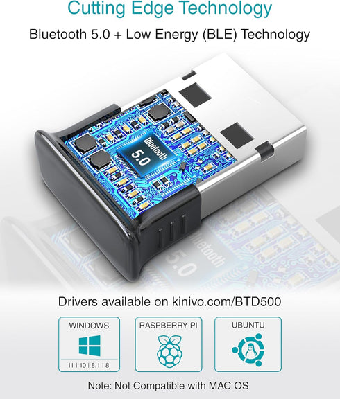 Kinivo USB Bluetooth Adapter for PC BTD500 (BT 5.0, Wireless Dongle Receiver for Windows 11/10/8.1/8, Raspberry Pi, Ubuntu) - Compatible with Lapt...