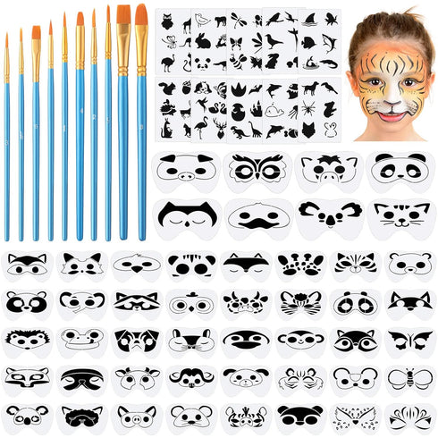 68 Pcs Face Paint Stencils Kit, 48 Face Painting Stencils 10 Stickers and 10 Painting Brushes Halloween Mask Stencils Reusable Makeup Templates fo...