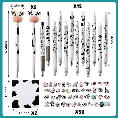 Cute Cow Pen Set 12 Cow Retractable Gel Ink Pens, 2 Cute Cow Pen 0.5 mm Retractable Black Gel Ink Pens, 2 Cow Sticky Notes, Cute Cow Stickers for ...