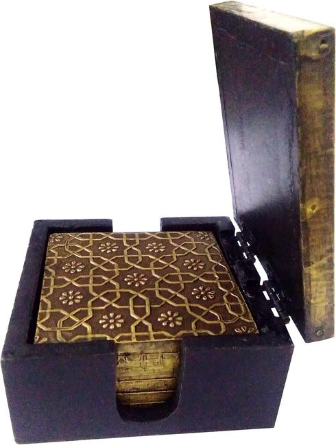 Purpledip Wooden Coasters (Set of 5): Brass Sheet Covered Mango-Wood Barware (11788)...