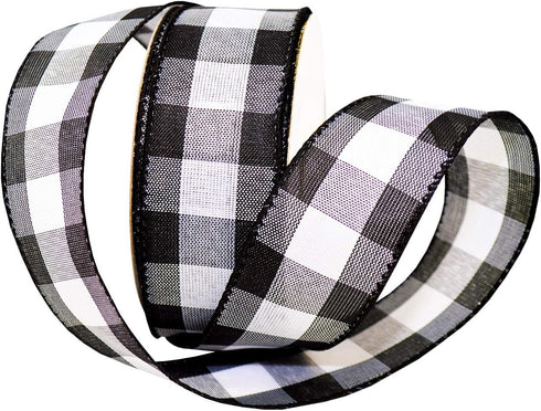 Morex Ribbon 7398.60/50-613 Cambridge 2.5" X 50 YD Wired Ribbon, Black and White, Buffalo Check Plaid Ribbon for Gift Wrapping, Christmas Decorati...