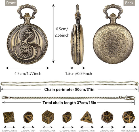 Mini DND Dice Set Steampunk Dragon Pocket Watch Shell Case, 7pcs Polyhedral Metal D&D Dice Set, Dungeons and Dragons Gifts with Gift Box for Men W...