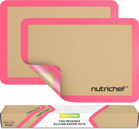 Nutrichef Silicone Baking Mats - 2 Non-stick Food-Grade Reusable Silicone Mats - Perfect for Half Baking Pans 16.5 x 11.6 IN - Oven-Safe Up to 480...