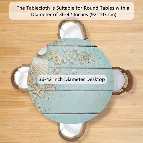 Beach Fitted Round Table Cloth Summer Wood Starfish Outdoor Table Cover with Elastic Edge (Fit for 40"-44" Tables) Waterproof Non Slip Coastal Rou...