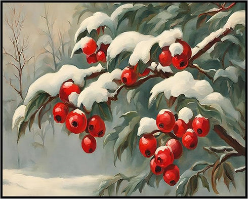 Posterizer 1 pcs-berries in snowy winter scene-oil painting style -3-Landscape & Nature Art-GIft for Men Women Teens-Living Room Bedroom Decor- un...