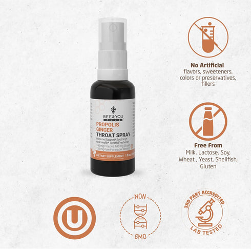 Bee and You Propolis Ginger Raw Honey Soothing Throat Spray, Ultra Pure, Immune Support Supplement, Oral Health, Antioxidants, Keto, Paleo, Gluten...
