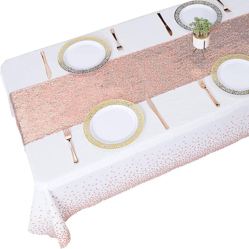 Rose Gold Tablecloth Sequin Table Runner Set, White Party Decorations, Rectangle Disposable Plastic Table Cloths for Parties, Wedding, Birthday, A...