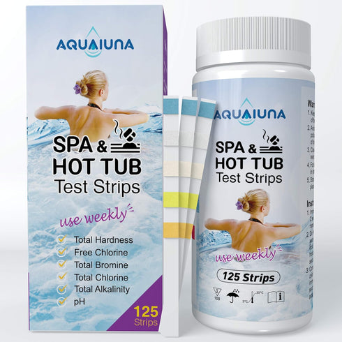 AQUALUNA Test Strips for Hot Tub and Spa- 125 ct - Quick and Accurate Testing for Water Total Hardness, Free Chlorine/Bromine, Total Chlorine, Alk...