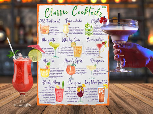 Classic Cocktails Recipes Magnetic Chart A4 Format - Kitchen Pub Wall and Fridge Decor Stylish Colourful Informative Magnet Milliliters and Ounces...