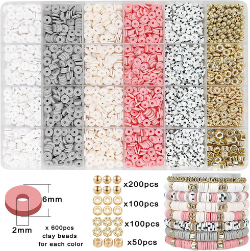 MIIIM Boho Neutral Clay Bead Bracelet Kit, Heishi Beads, Flat Clay Beads and Gold Spacer Beads for Jewelry Making, Friendship Bracelet Beads Kit f...