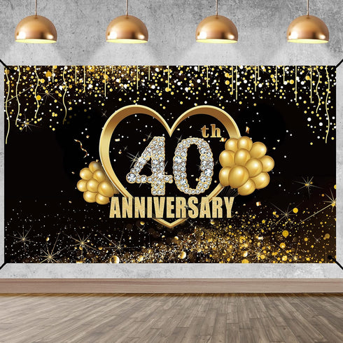 Happy 40th Anniversary Banner Backdrop Decorations, Large Wedding Background Sign Decor, Black Gold 40 Year Photography Photo Props Party Supplies...