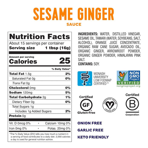 Fody Foods Vegan Sesame Ginger Sauce Marinade, Avocado Oil, Low Fodmap Certified, Sensitive Recipe, No MSG, Gut & IBS & Keto Friendly, 8.5 Ounce...