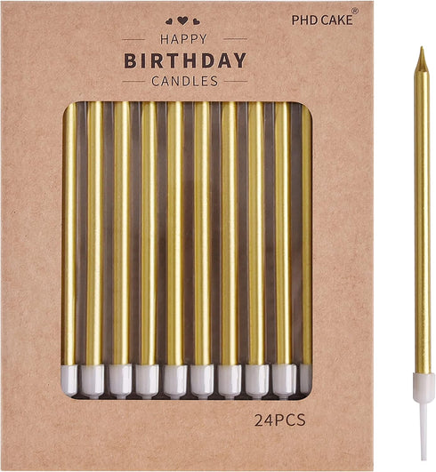 PHD CAKE Gold Long Thin Metallic Birthday Candles, Cake Candles, Birthday Parties, Wedding Decorations, Party Candles, Cake Decorations...