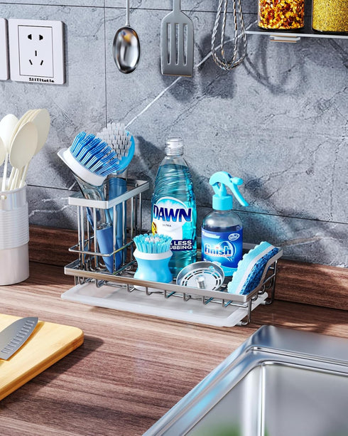 Consumest Sink Caddy-Kitchen Sponge Holder + Dish Brush Holder for Kitchen Sink, Sink Organizer with Drip Tray for Countertop Stainless Steel Rust...