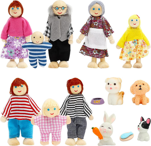 ONEST 15 Pieces Wooden Dollhouse Family Set Mini People Figures Sets Dollhouse Dolls Wooden Doll Family Pretend Play Figures Accessories for Prete...
