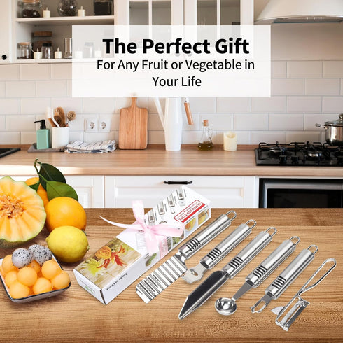 Stainless Steel Fruit Carving Knife Set, 5 Pack Vegetable Engraving Blades for Kitchen, Melon Baller Scoop,Lemon Zester, Garnish Peeler,Crinkle Kn...