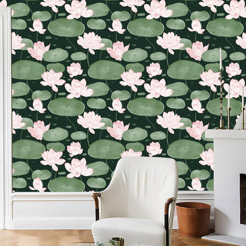 Yasinet Peel and Stick Wallpaper Floral Wallpaper Vintage Dark Green Lotus Flower Contact Paper Removable Self Adhesive Wallpaper for Wall Living ...