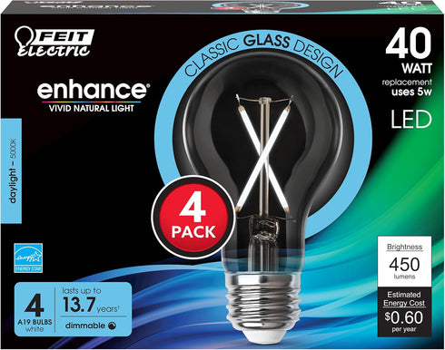 Feit Electric LED Clear A19 Medium Base Light Bulb - 40W Equivalent - 15 Year Life - 450 Lumen - 5000K Daylight - Dimmable | 4-Pack...