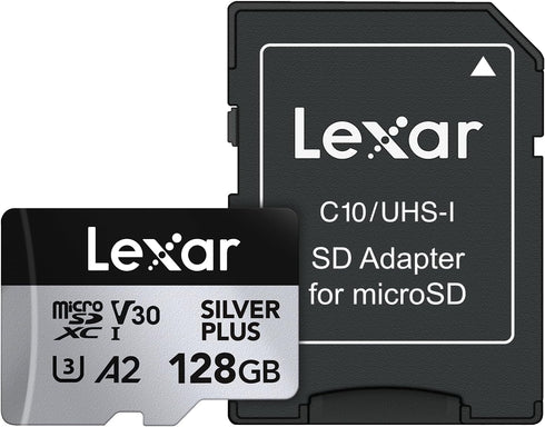 Lexar 128GB Professional Silver Plus microSDXC Memory Card w/SD Adapter, UHS-I, C10, U3, V30, Full-HD & 4K Video, Up to 205/150 MB/s Read/Write, f...