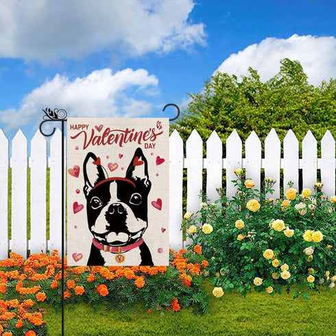 Valentines Day Garden Flag Valentine Boston Terrier Dog Flags for Outside Love Heart Anniversary Wedding Party Home Burlap Double Sided Yard Outdo...