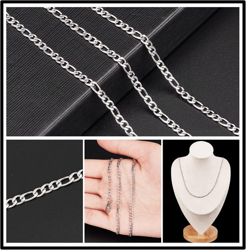 SUNNYCLUE DIY 10M 32.8 Feet 3MM Silver Chain Roll Figaro Chains Silver Plated Necklace Stainless Steel Cable Long Craft Link Chain Bulk for Jewelr...