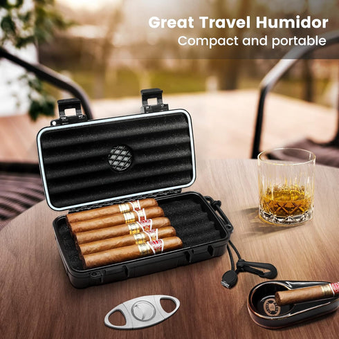Flauno Travel Cigar Humidor Case - Portable Cigar Box with Humidifier Disc & Cigar Cutter | Waterproof | Crushproof | Airtight | Durable (Holds up...