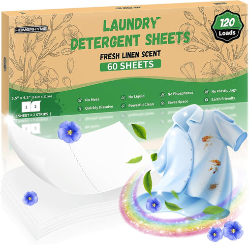 Laundry Detergent Sheets - Fresh Linen Scent 120 Loads (60 Sheets),Plastic Free,Laundry Detergent Strips for Travel,Dorms, Home,Apartments,Liquidl...