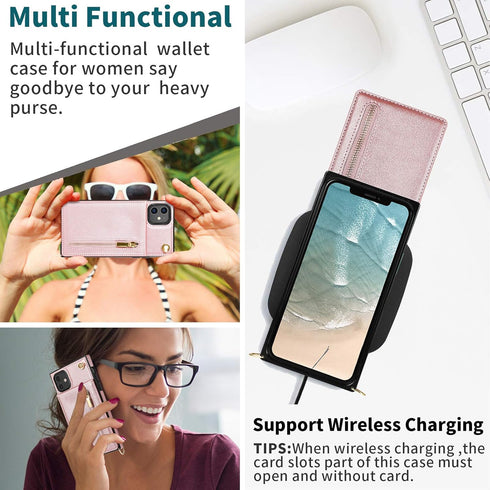 HOGGU Compatible for iPhone 11 Case Crossbody Strap, Leather Wallet with Card Holder,Kickstand,Magnetic Closure Flip Folio Zipper Purse, Protectiv...