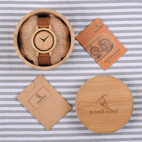 BOBO BIRD Men's Women's Bamboo Wooden Watch with Brown Cowhide Leather Strap Analog Quartz Casual Watches...