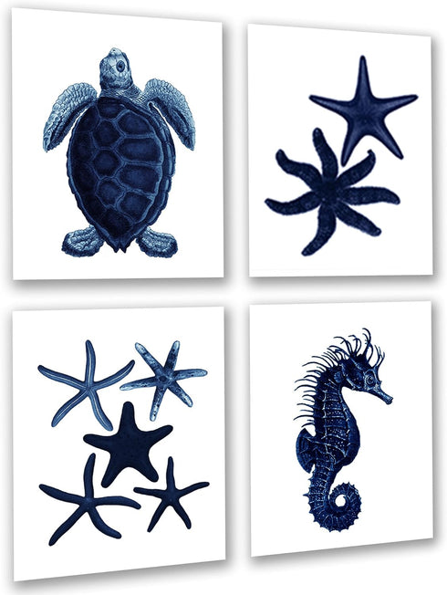 Gnosis Picture Archive Dark Navy Blue Beach Wall Decor Set of 4 Unframed Seahorse Starfish Beach Bathroom Art Prints...