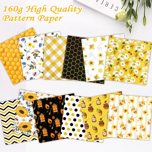 Konsait 24 Sheets Bee Scrapbook Paper 12x12 Yellow Pattern Paper Double Sided Scrapbook Paper Craft Paper for DIY Bee Tissue Paper Bee Birthday Pa...