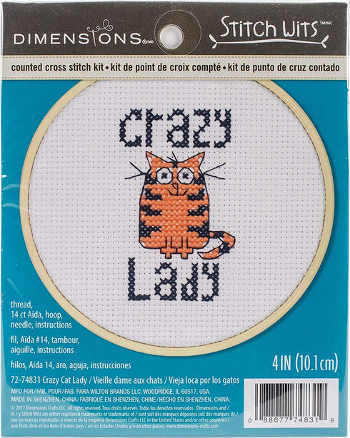 Dimensions Mini Counted Cross Stitch Kit for Beginners, 'Crazy Cat Lady', 14 Count White Aida Cloth, 4''......