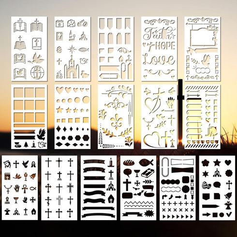 16 Pack Journaling Stencils, Christian Stencil for Journal Diary Scrapbook Notebook Decor, Reusable Planner Bullet Journaling Stencils, Plastic Or...