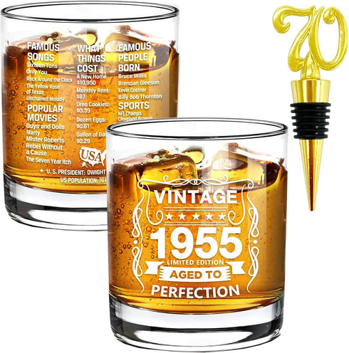 Old Fashioned Glasses-1955-Vintage 1955 old time information 10.25oz Whiskey Rocks Glass -70th Birthday Aged to Perfection - 70 years old gifts Bo...