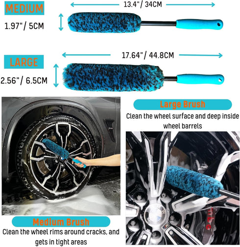PRO Choice 4 Pack Long Handle Wheel Brush Kit for Cleaning Wheel and Tire- 2X Soft Wheel Cleaning Brush, Detailing Brush and Stiff Tire Brush...