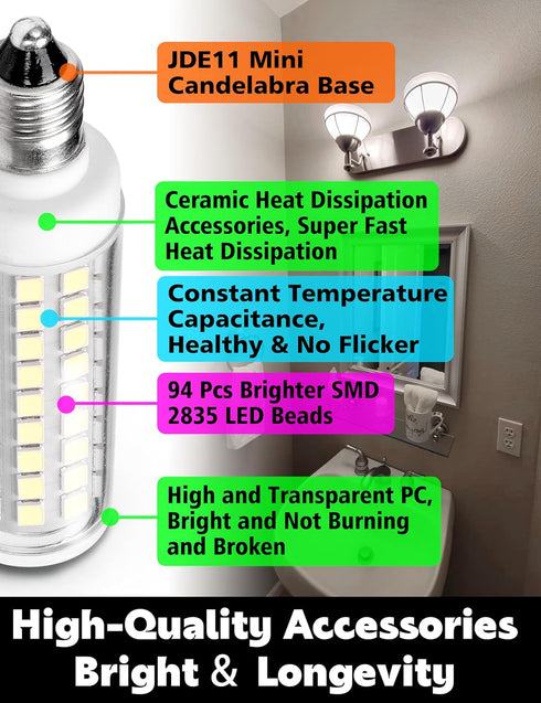 JD E11 Led Candelabra Bulbs 75 Watt Equivalent Dimmable, E11 7W 750LM Daylight White 6000K, T3 T4 JD E11 120V Mini Candelabra Base for Ceiling Fan...
