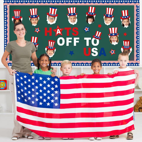 68 Pcs 4th of July Bulletin Board Decorations Hats off to USA Bulletin Board Hollow Cutouts American Flag Bulletin Board Border for Independence D...