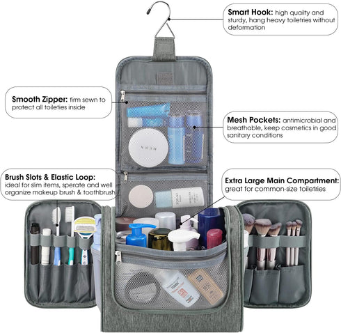 WANDF Large Hanging Toiletry Bag Travel Cosmetic Makeup Organizer Water-Resistant Shower Bathroom Bag for Women and Men (Gray)...