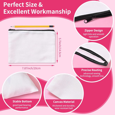 24Pcs Sublimation Blank Canvas Makeup Bags, AMADAILY Bulk Blank DIY Heat Transfer Cosmetic Makeup Bags w/Black Zipper for Bridesmaid Makeup Bag Tr...