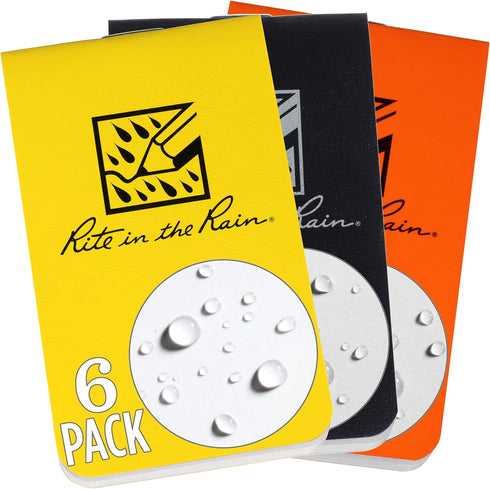 Rite in the Rain Weatherproof On The Go Wallet Notebook, 2" x 3.375", 2 Each Yellow, Black, Orange Cover, Blank Pages, 6 Pack (No. OTG-INDL)...